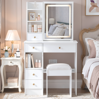 Sunvega Small Size Left Drawer Vanity Table with Cushioned Stool and LED Mirror