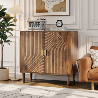 Sunvega Walnut Wood Buffet Cabinet with Line Groove Design and Large Storage Space