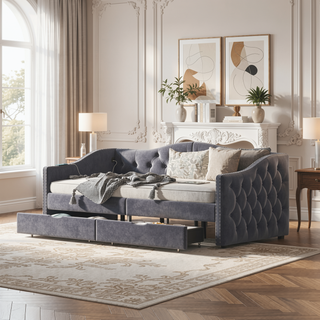 Sunvega Upholstered Twin Daybed with Storage Drawers and Mid-Century Wood Frame