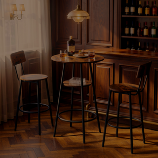 Sunvega Rustic Brown Bar Stool Set with Backrest, Shelf, and Footrest
