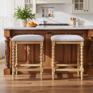 Sunvega 26'' Acacia Wood Counter Stools Set of 2 with Foam-Padded Upholstered Seat