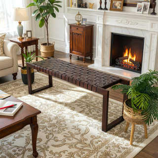Sunvega Mid-Century Modern Tan Leather Bench with Solid Wood Frame and Tapered Legs