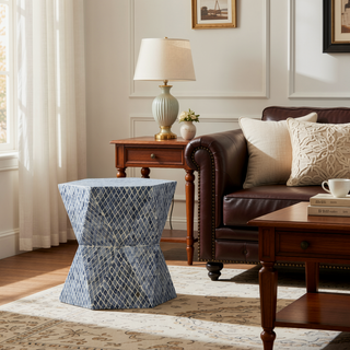 Sunvega Blue Capiz Inlay Tapered Hexagon Accent Stool for Bedrooms