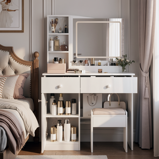 Sunvega White Vanity Desk with Mirror and Lights for Makeup with 3 Color Lighting
