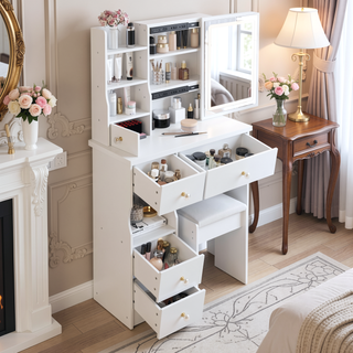 Sunvega Small Size Left Drawer Vanity Table with Cushioned Stool and LED Mirror