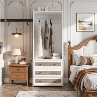 Sunvega White Rattan Wardrobe Armoire with 3 Drawers and Anti-Tip for Bedroom