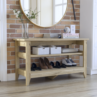 Sunvega Light Oak Storage Bench with Two Open Shelves for Entryway Organization