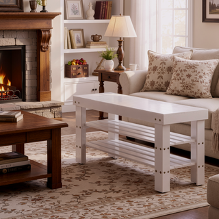 Sunvega Solid Wood White Finish Shoe Bench with Plastic Leveler Legs