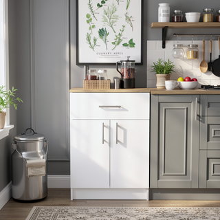 Sunvega 33" H White Light Oak Pantry Organizer Cabinet with Drawer and Shelves