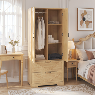 Sunvega Natural Wood Wardrobe for Bedroom with Mirror, 2 Doors, 2 Drawers, and Built-in Light