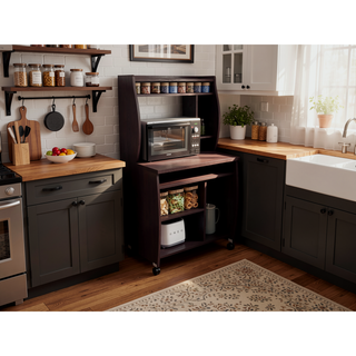 Sunvega Mobile Microwave Cart with Locking Castors Hutch Shelves and Spice Rack