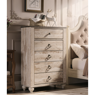 Sunvega White Wash Finish Contemporary Patched Wood Top Chest with 5 Drawers
