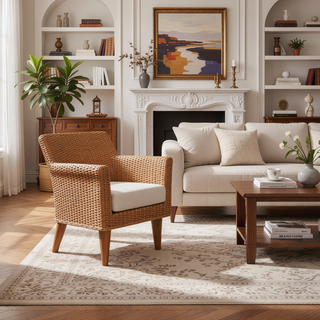 Sunvega Cream Boucle Upholstered Woven Wood Bench with Curved Armrests