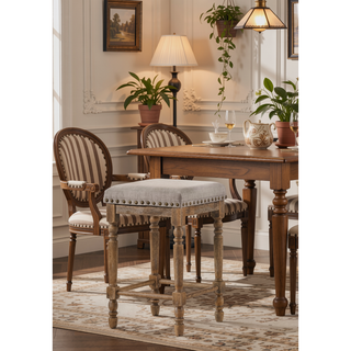 Sunvega Beige Fabric Weathered Oak Finish Counter Height Stool Set of 2