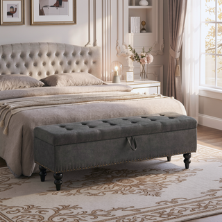 Sunvega Beige Fabric Upholstered Storage Ottoman Bench with Button Tufted Top