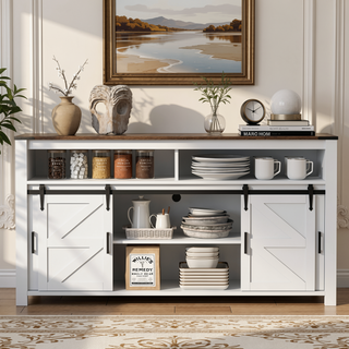 Sunvega Farmhouse Sideboard with Sliding Barn Door Mesh Panels and Open Storage