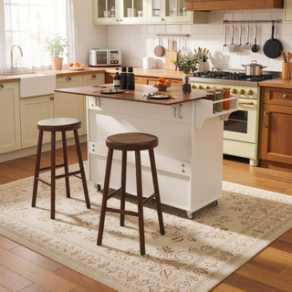 Sunvega White Kitchen Island Cart with Foldable Drop Leaf Tabletop and Storage on Wheels