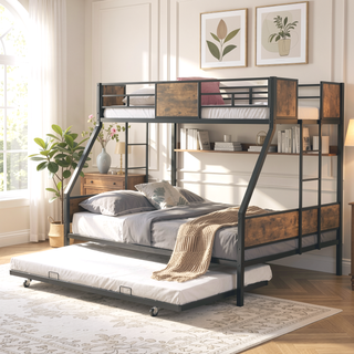 Sunvega Twin Over Full Metal Bunk Bed with Trundle and Guardrail for Bedroom