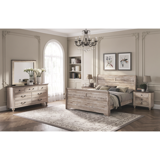 Sunvega White Wash Finish Queen Sleigh Bed Dresser Mirror Nightstand Chest Set