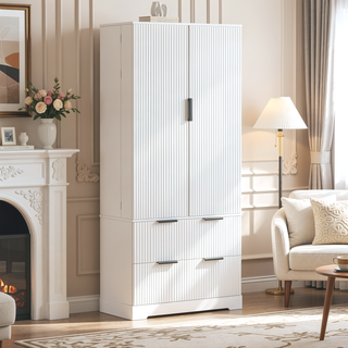 Sunvega Elegant French Refrigerator-Inspired Fluted Pantry Cabinet with 2 Drawers
