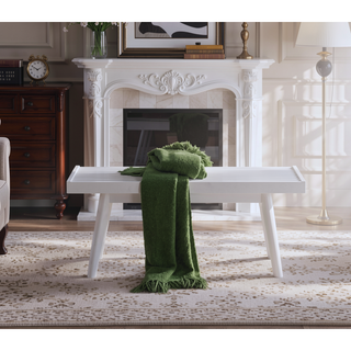 Sunvega Farmhouse Style Solid Wood Slatted Bench with Tapered Legs in White