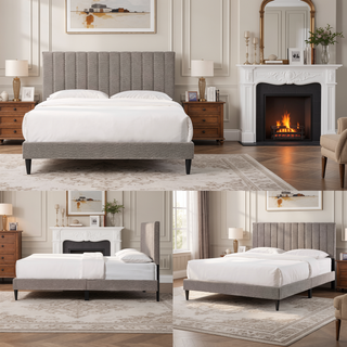 Sunvega Mid-Century Modern Upholstered Queen Platform Bed Frame with Tufted Headboard
