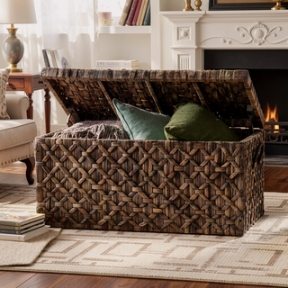 Sunvega Blackwashed Water Hyacinth Storage Trunk with Intricate Diamond Weave Pattern