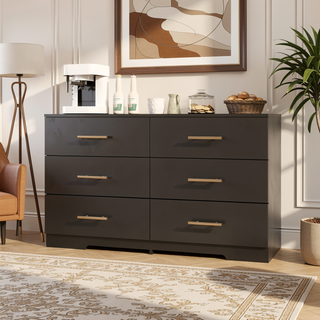 Sunvega White Wooden Six Drawer Cabinet with Golden Handles Large Storage Space