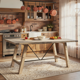 Sunvega Country-Inspired Solid Wood Dining Table with Metal Stretchers Seats 6