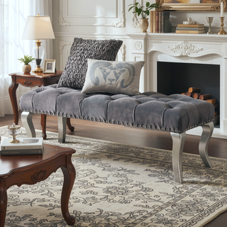 Sunvega Champagne Tufted Fabric Upholstered Bench with Nailhead Trim