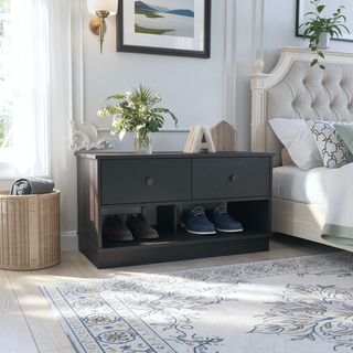 Sunvega Black Storage Bench with Two Open Shelves and Two Drawers for Entryway
