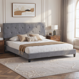 Sunvega Modern Upholstered King Size Platform Bed Frame with Button Tufted Headboard