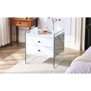 Sunvega MDF and Tempered Glass Double-Drawer Bedside Table with Storage Cabinet