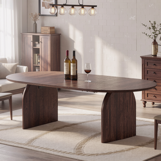 Sunvega Modern Oval Wooden Dining Table with Double-Column Design for Living Room