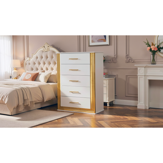 Sunvega Modern White and Gold Finish Five-Drawer Chest with LED Lights