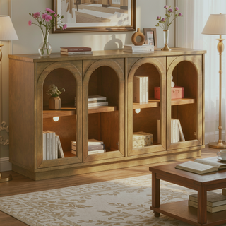 Sunvega Arched Glass Door Storage Buffet Cabinet with Adjustable Shelves for Kitchen Dining Room