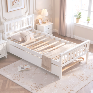 Sunvega Twin Bed Frame with Trundle and Headboard for Small Bedroom Space Saving