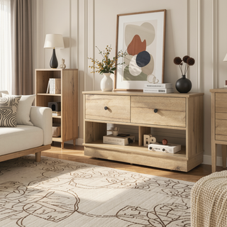 Sunvega Light Oak Storage Bench with Two Open Shelves and Two Drawers