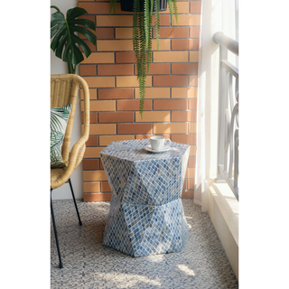 Sunvega Blue Capiz Inlay Tapered Hexagon Accent Stool for Bedrooms