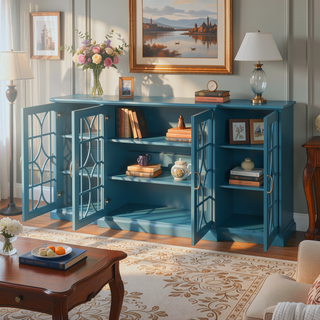 Sunvega 63" Teal Blue TV Stand with Carved Door Design and Four Storage Doors