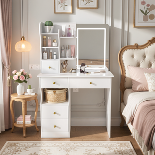 Sunvega 7-Drawer Vanity Desk with LED Mirror Jewelry Storage and PU Stool