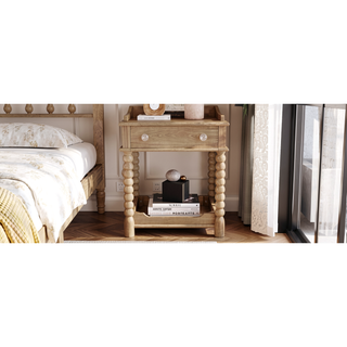 Sunvega Retro Style Queen Size Wood Platform Bed with Gourd Shaped Headboard and Slat Support