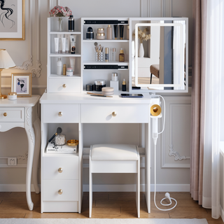 Sunvega Small Left Drawer Vanity Table with Stool Tri-Color LED Mirror Power Station