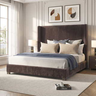 Sunvega Queen Upholstered Pleated Bed in a Box with Sturdy Dark Brown Frame