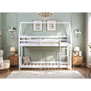 Sunvega Twin Over Twin House Floor Bunk Bed with Headboards Footboards Guardrails and Ladder