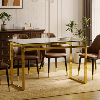 Sunvega Modern Minimalist Rectangular Glass Dining Table with Golden Chrome Metal Legs