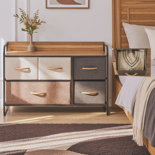Sunvega 5-Drawer Fabric Storage Dresser with Foldable Drawers and Anti-Toppling Design