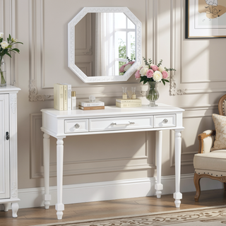 Sunvega Elegant White Dressing Table with Large Mirror and 3 Drawers for Bedroom