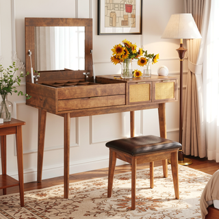 Sunvega Classic Wood Makeup Vanity Set with Flip-top Mirror and Three Drawers