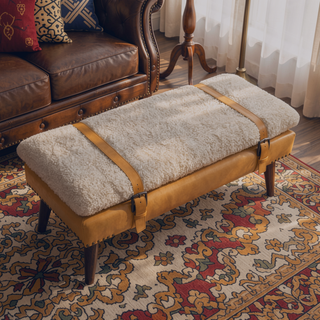 Sunvega Handwoven Cotton and Buffalo Hide Leather Bench with Belted Strap Design